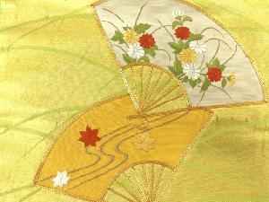 アンティーク　金駒刺繍扇に菊・流水・紅葉模様名古屋帯